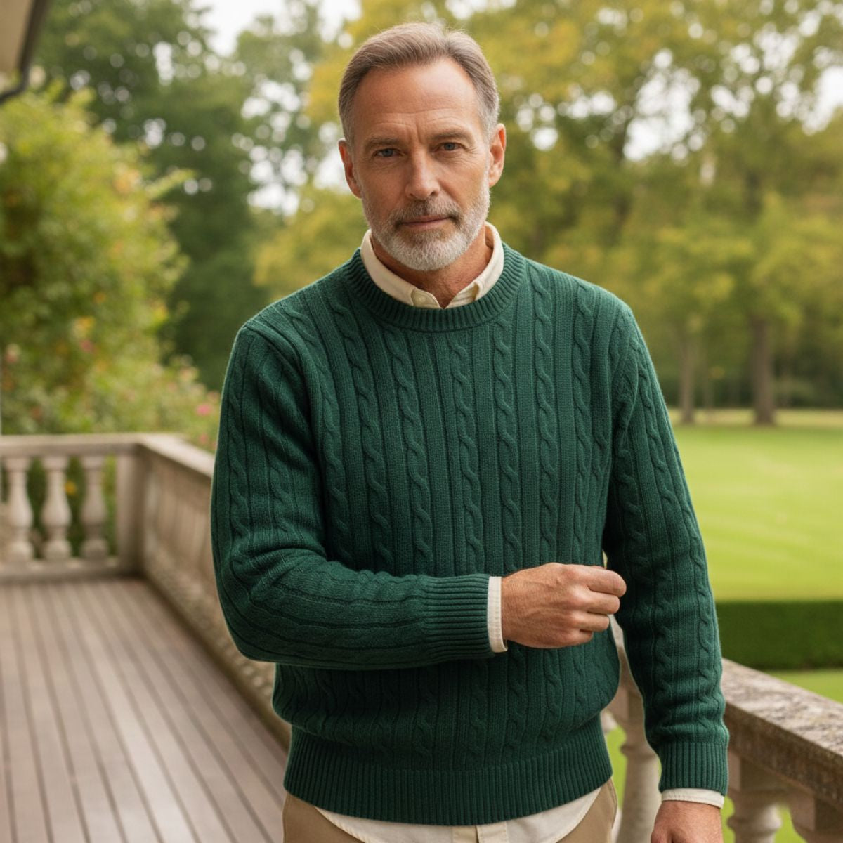 Sage | Men's Cable Knit Sweater Forest Green Crew Neck