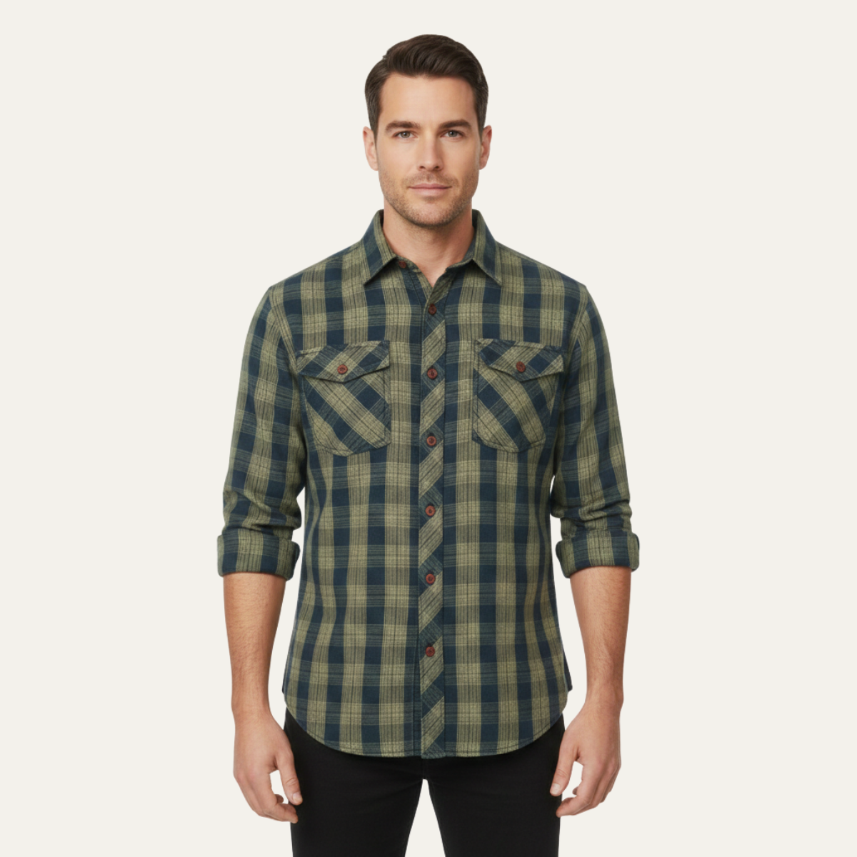 Kai | Men's Flannel Shirt Navy Cream Plaid Long Sleeve