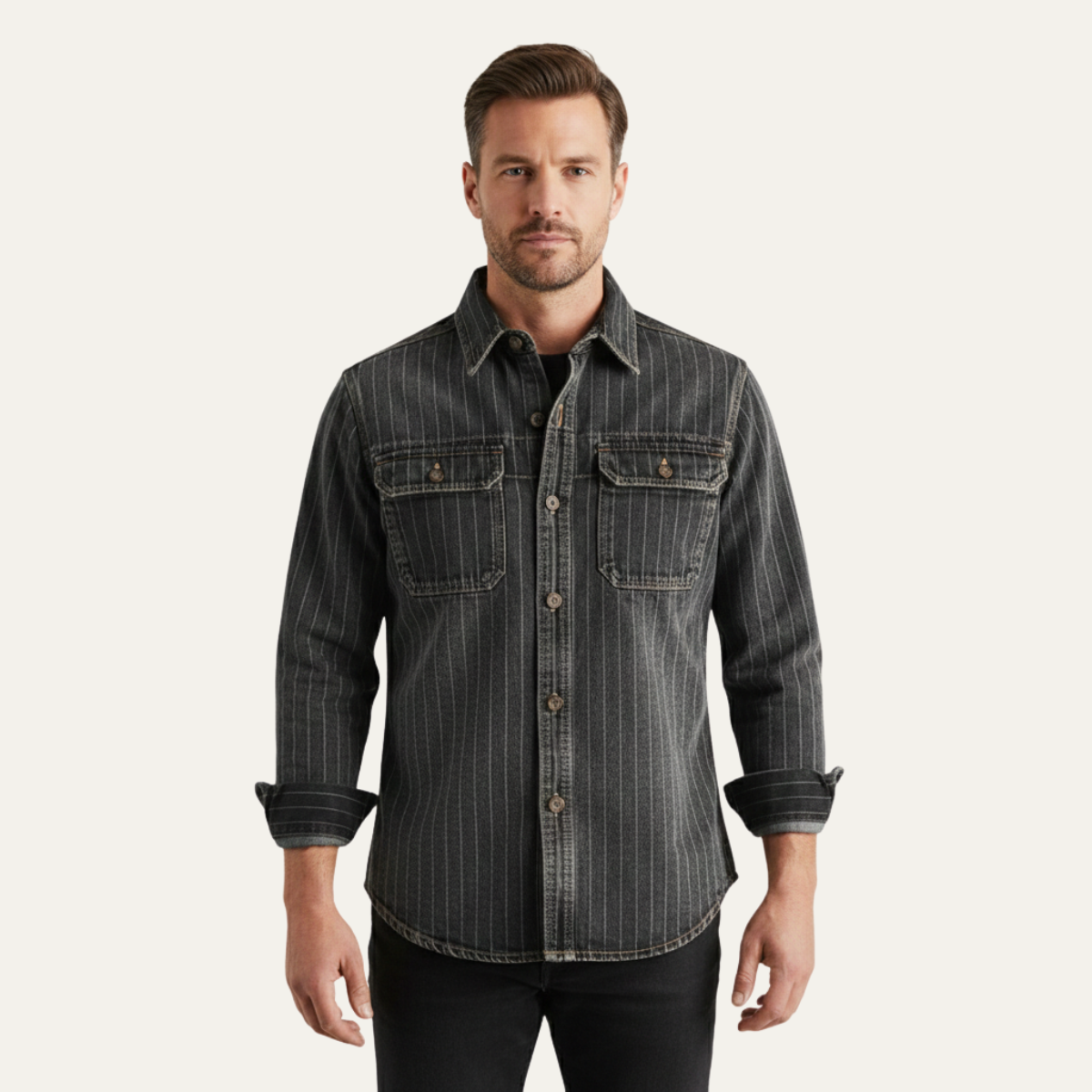 Max | Men's Vintage Pinstripe Denim Jacket Dark Gray