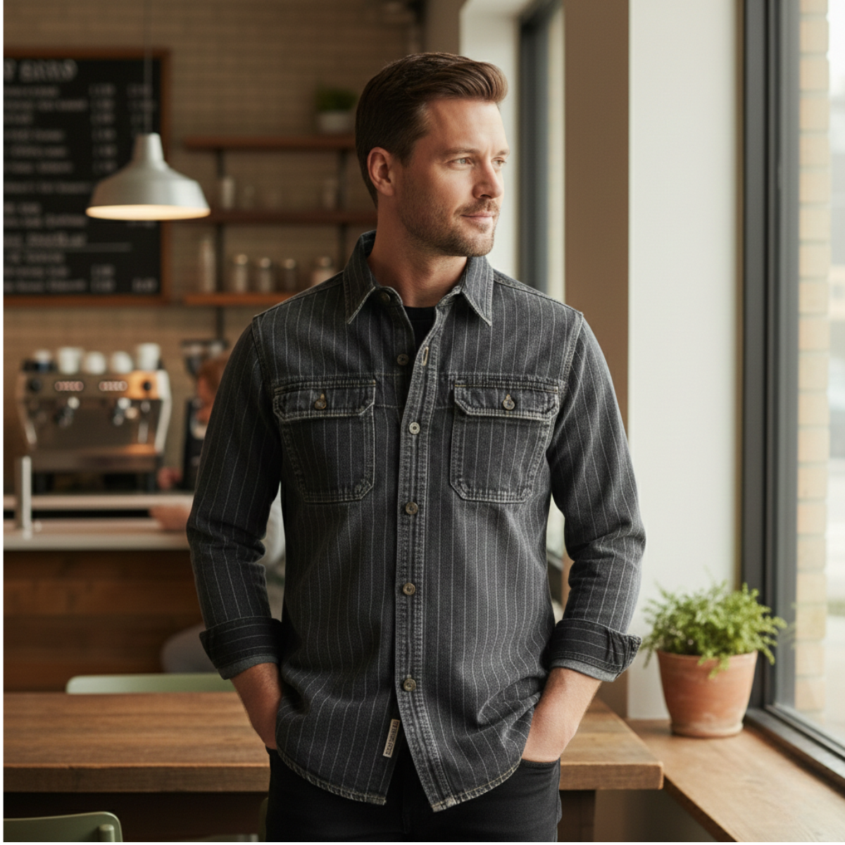Max | Men's Vintage Pinstripe Denim Jacket Dark Gray