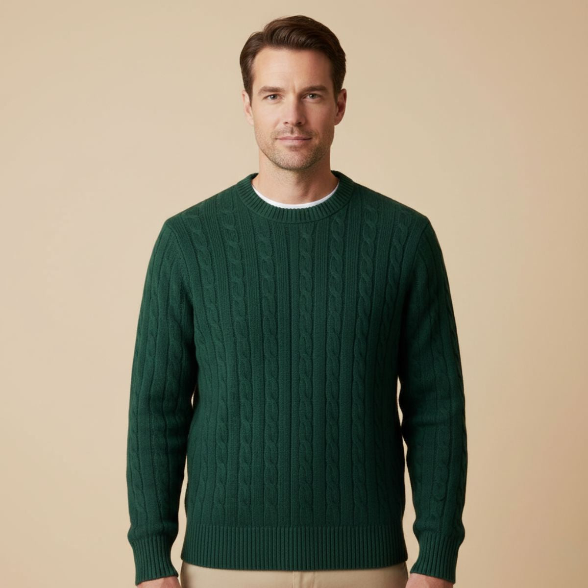 Sage | Men's Cable Knit Sweater Forest Green Crew Neck