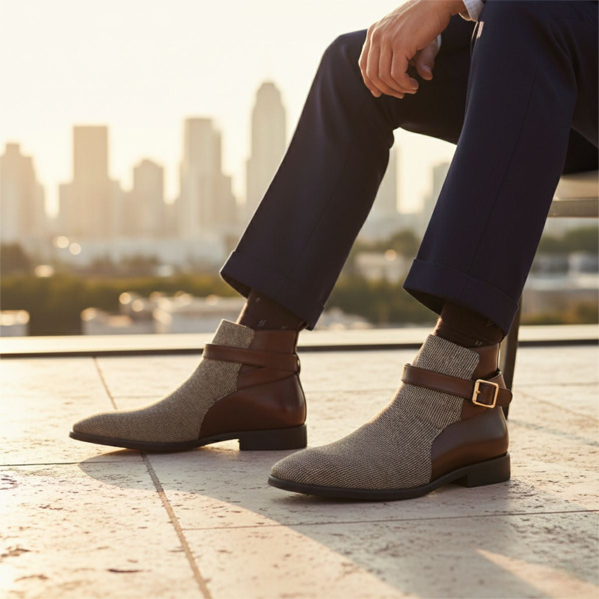 Voss | Men's Chelsea Boots Gray Tweed Brown Leather Buckle