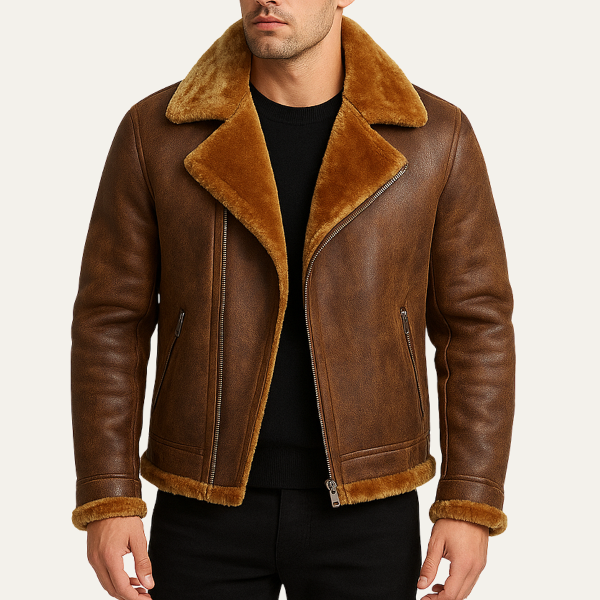 Axel | Men's Suede Sherpa Lined Moto Jacket Brown