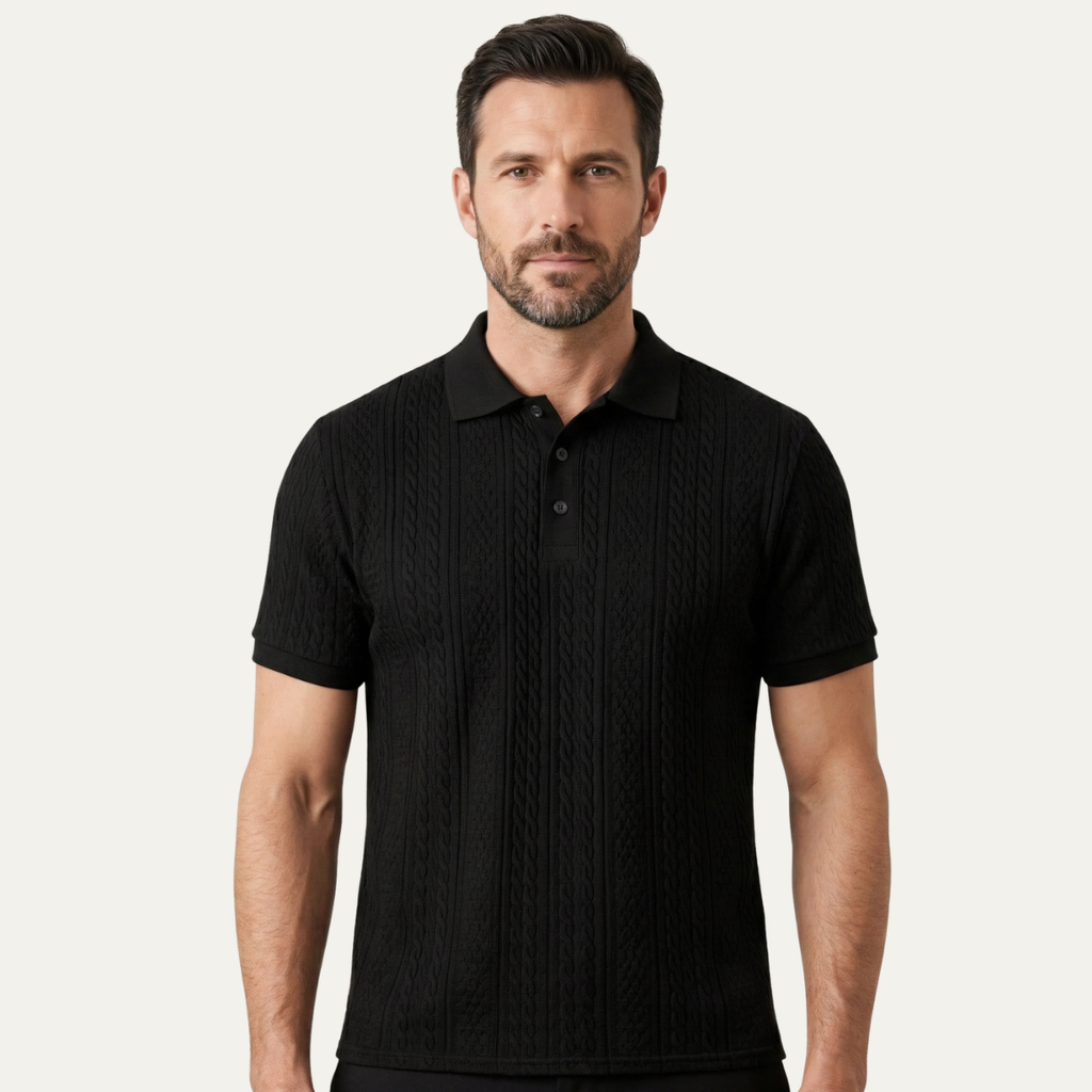 Dama Washington Beau men's cable knit polo shirt black short sleeve - front view
