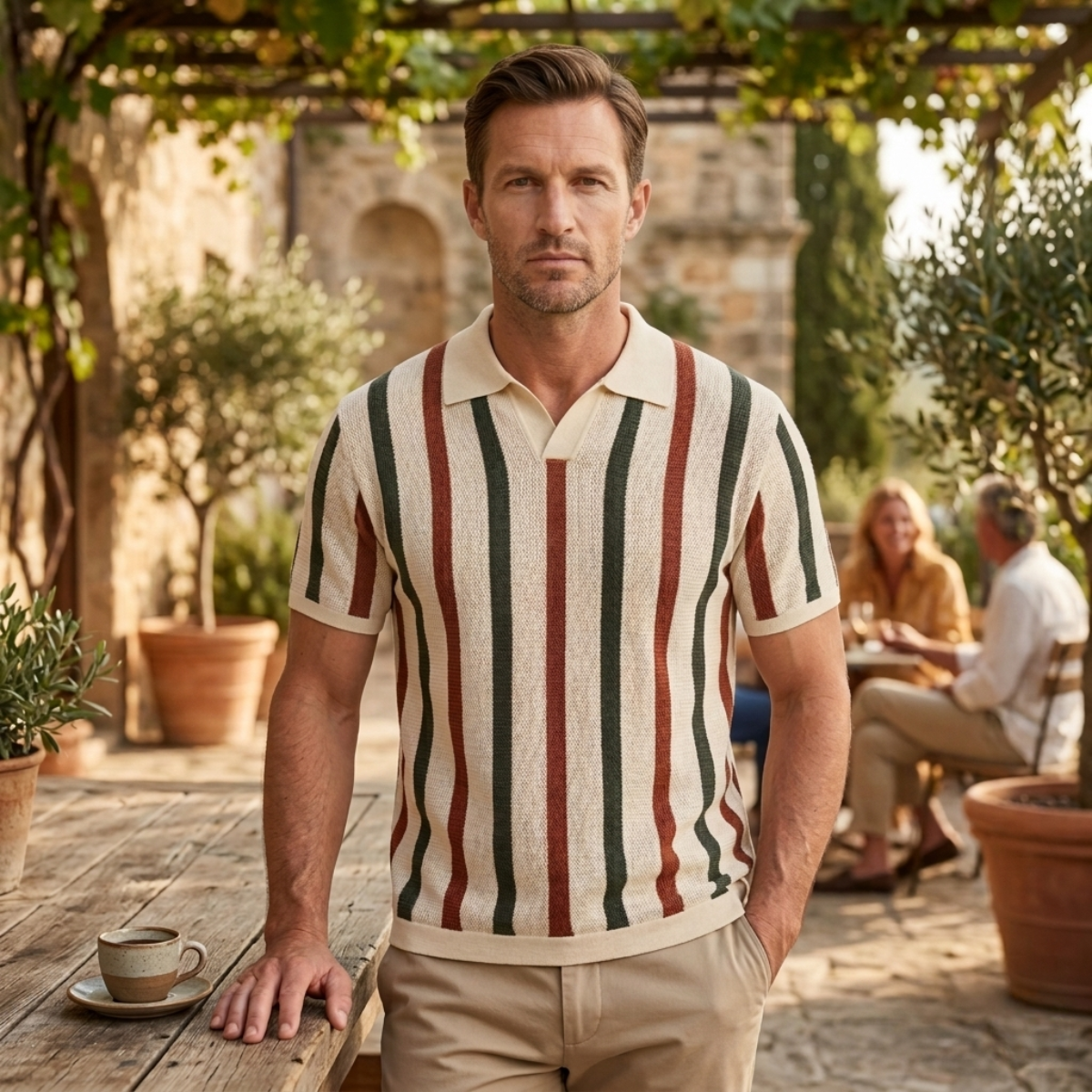 Blake | Men's Striped Knit Polo Shirt Cream Burgundy