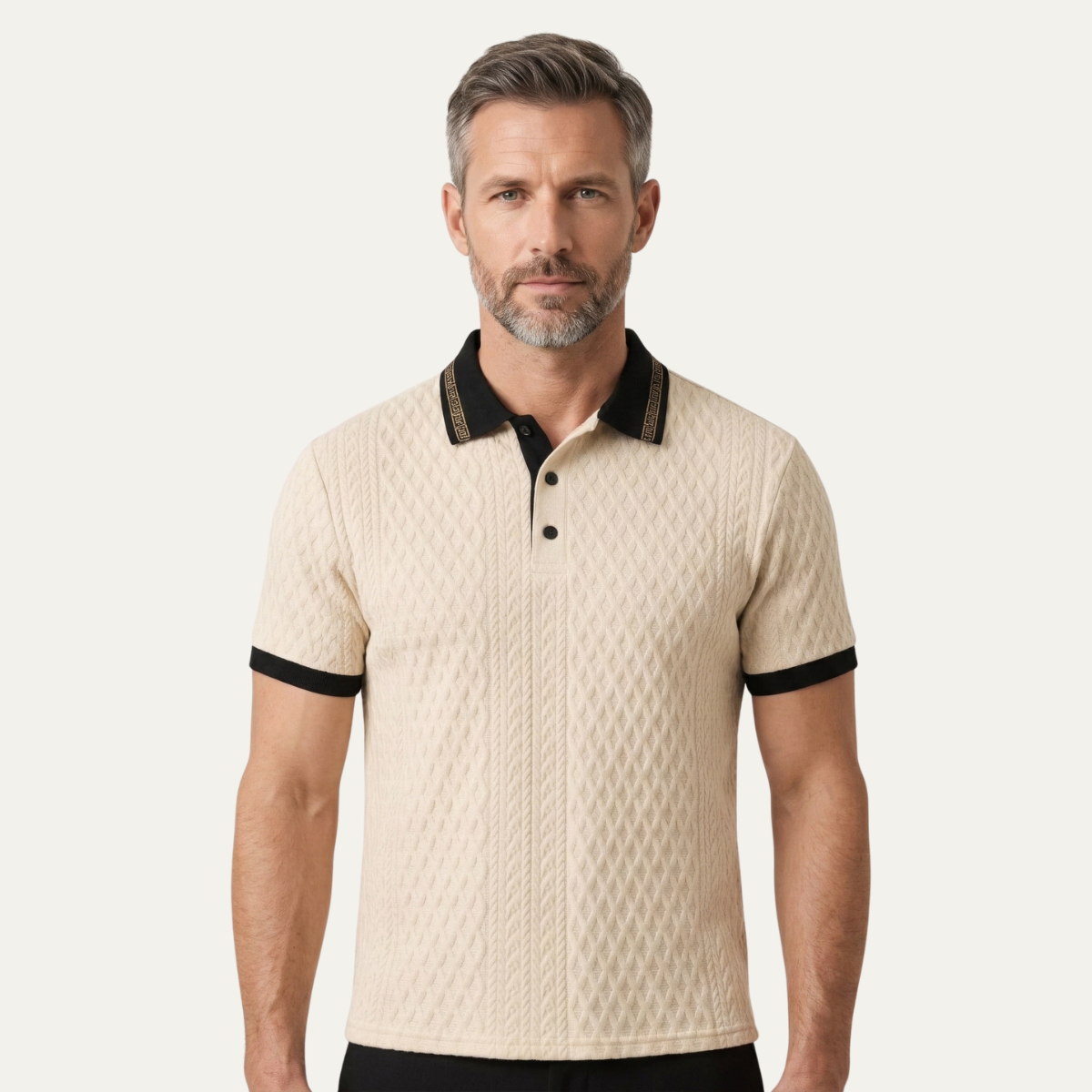 Rhys | Men's Cream Quilted Polo Shirt Black Trim