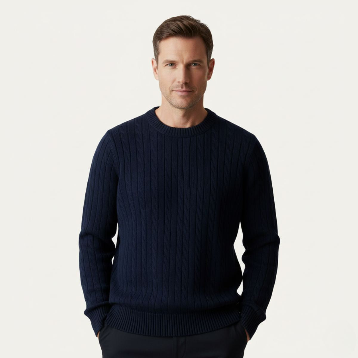 Callum | Men's Cable Knit Sweater Navy Crew Neck