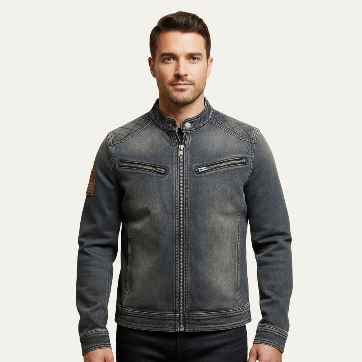 Axel | Men's Slim Fit Denim Jacket Gray Quilted Shoulder Zip Collar