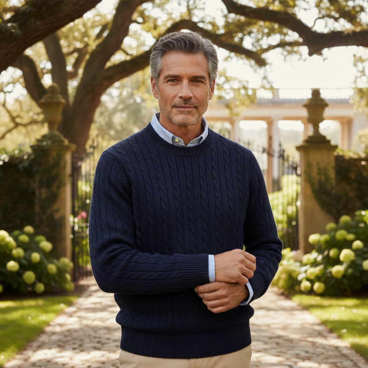 Callum | Men's Cable Knit Sweater Navy Crew Neck