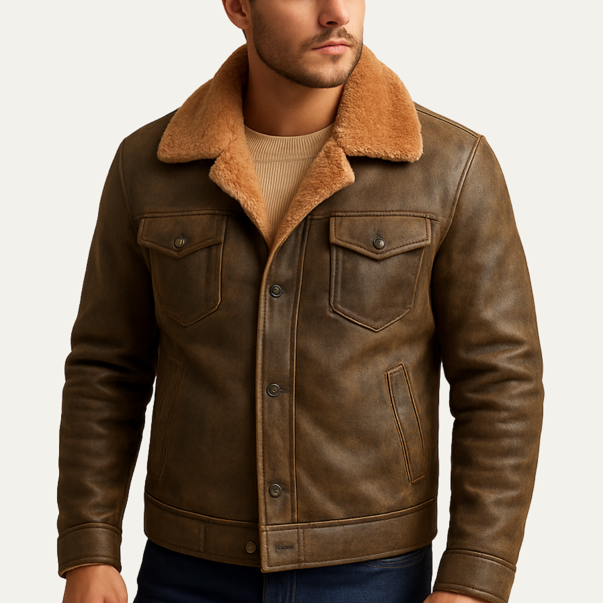 Axel | Men's Sherpa Lined Denim Jacket Brown