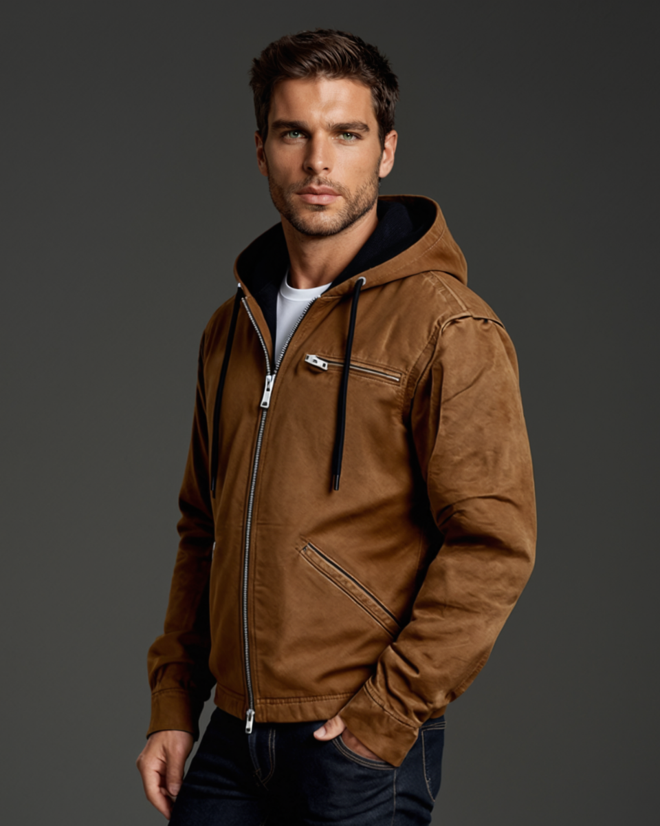 Ezra | Men's Brown Suede Hooded Jacket Fleece Lined