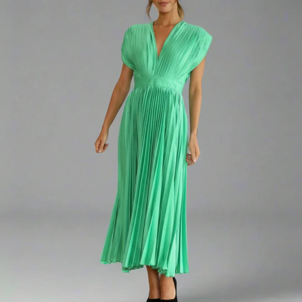 Faye | Women's Pleated Midi Dress Cream V Neck Short Sleeve