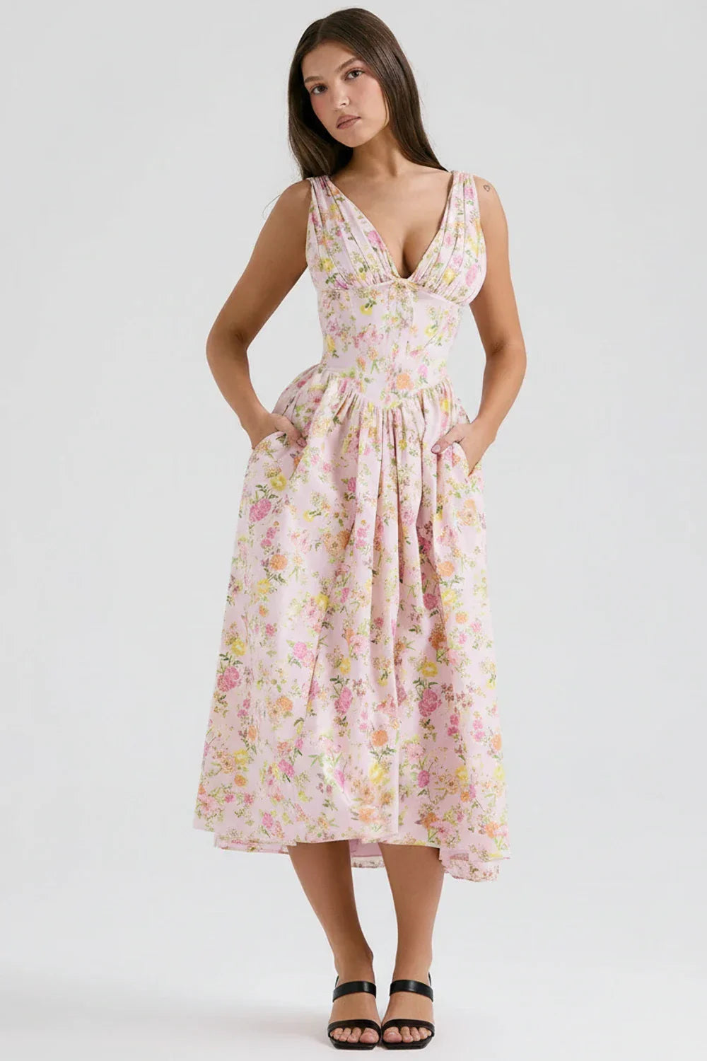 Demi | Women's Floral A Line Midi Dress V Neck Cream