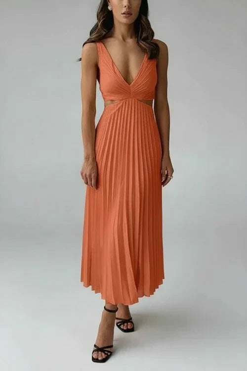 Lena | Women's Pleated Midi Dress Cream V Neck Sleeveless