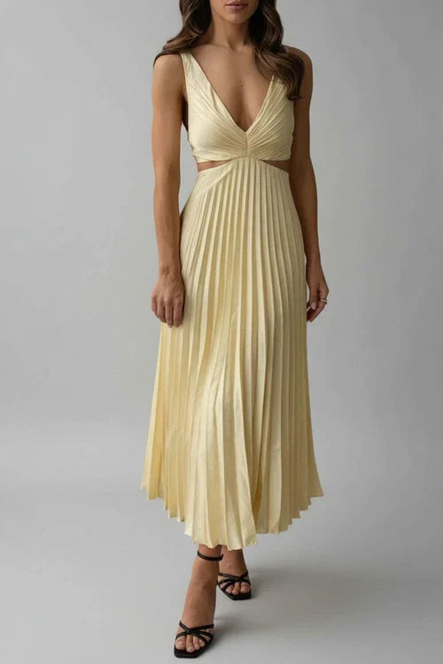 Lena | Women's Pleated Midi Dress Cream V Neck Sleeveless