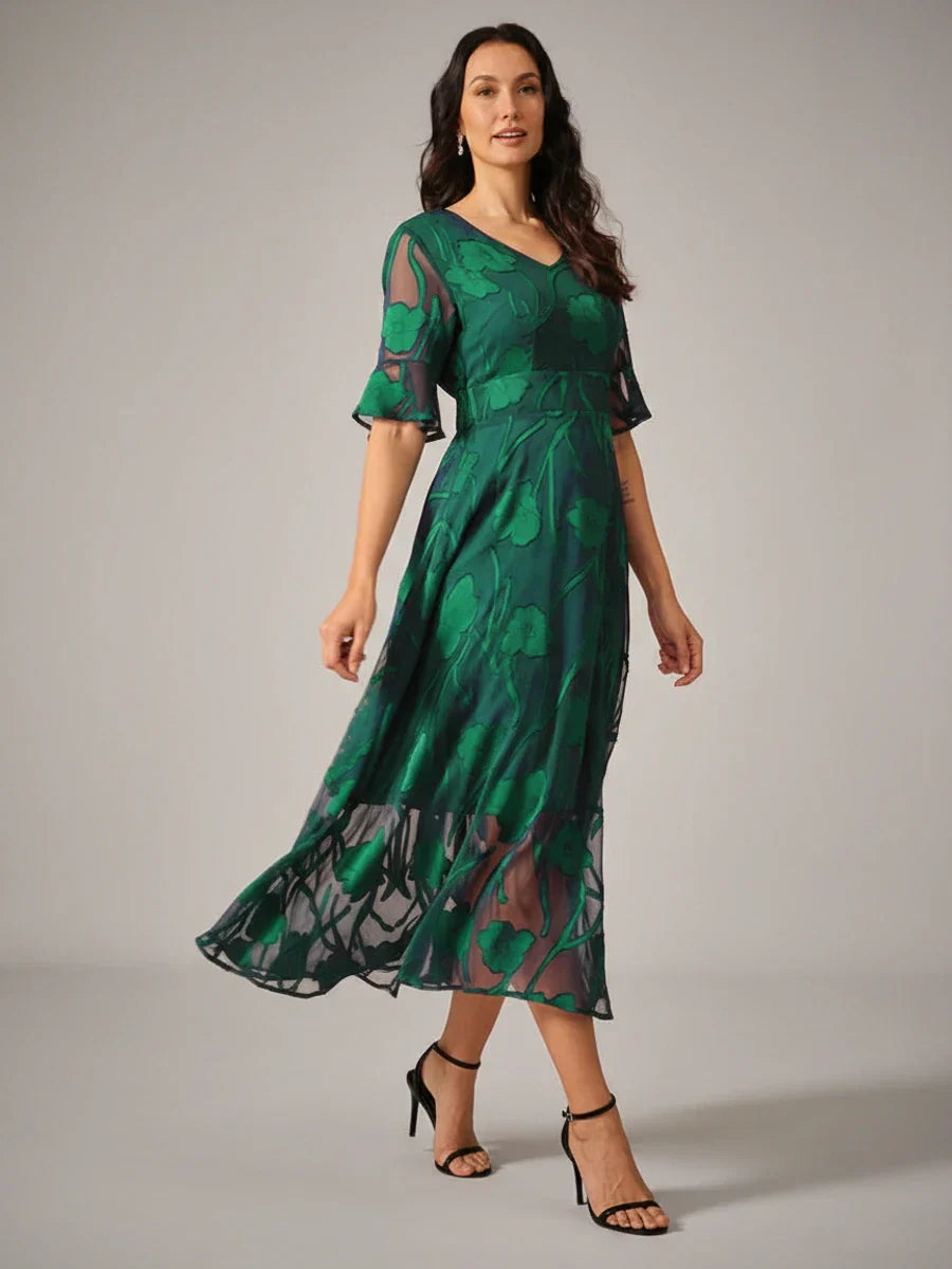 Elise | Women's V Neck Chiffon Midi Dress Black Floral