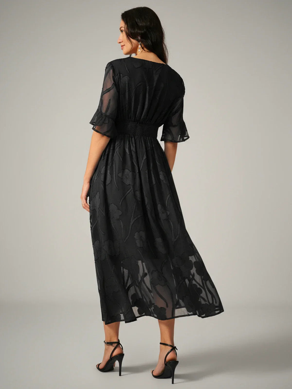 Elise | Women's V Neck Chiffon Midi Dress Black Floral