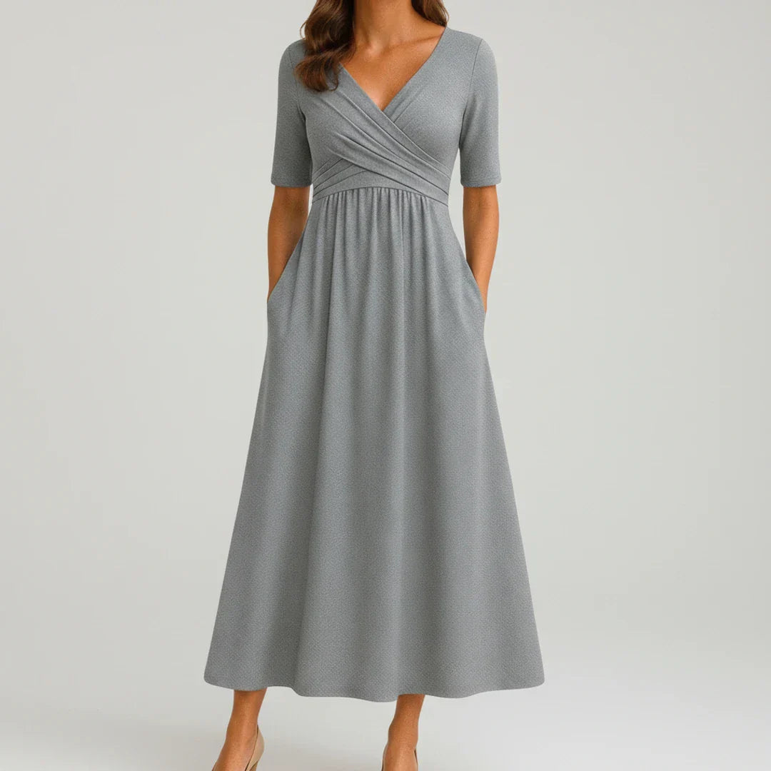 Edie | Women's Wrap Midi Dress Gray Half Sleeve V Neck