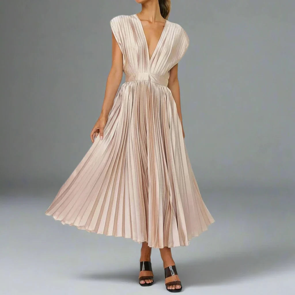 Faye | Women's Pleated Midi Dress Cream V Neck Short Sleeve