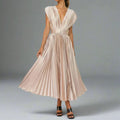 Dama Washington Faye women's pleated midi dress cream v neck short sleeve - front view