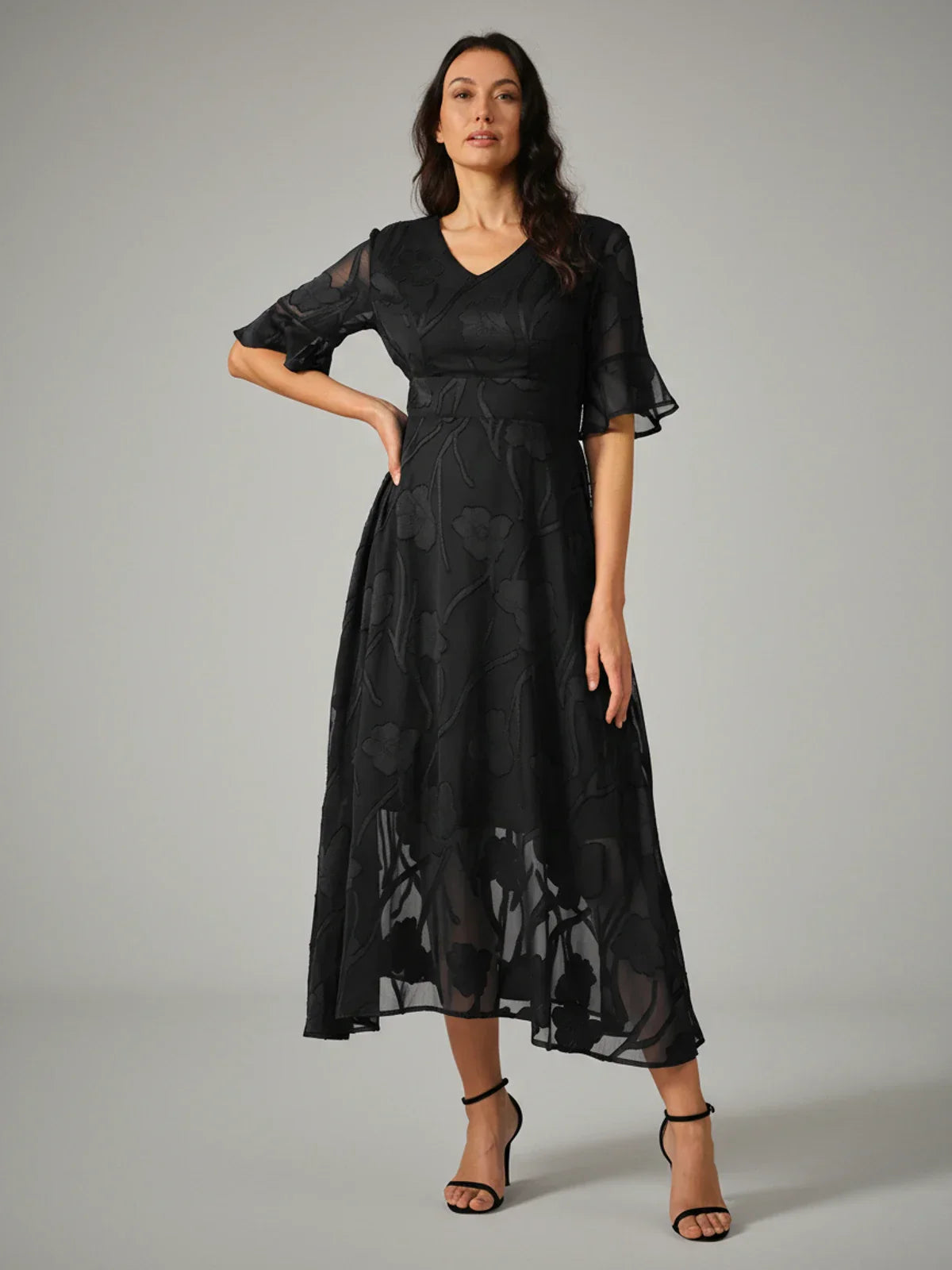 Elise | Women's V Neck Chiffon Midi Dress Black Floral