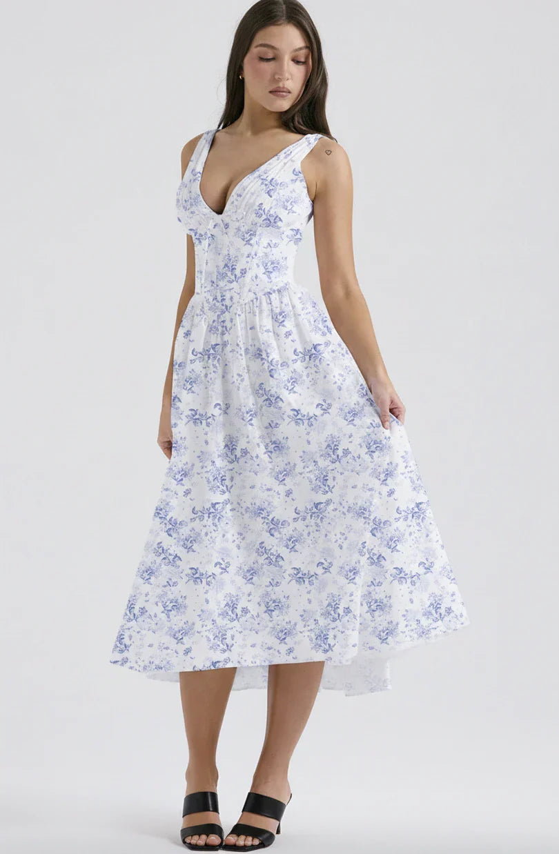 Demi | Women's Floral A Line Midi Dress V Neck Cream