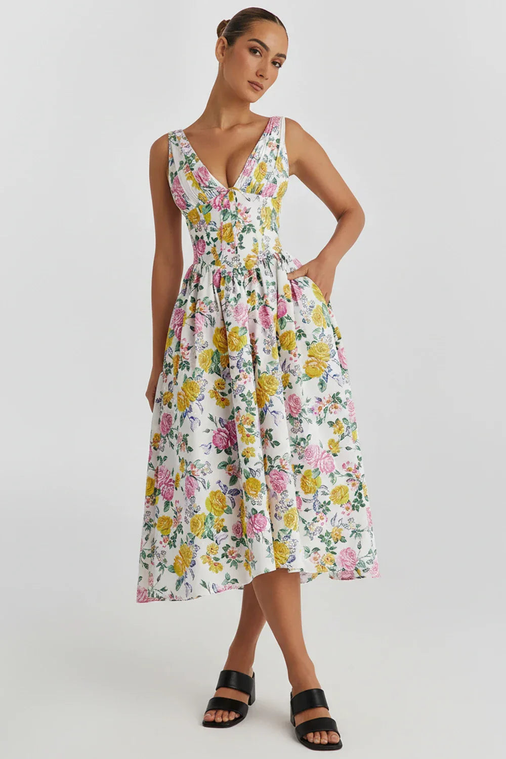 Demi | Women's Floral A Line Midi Dress V Neck Cream
