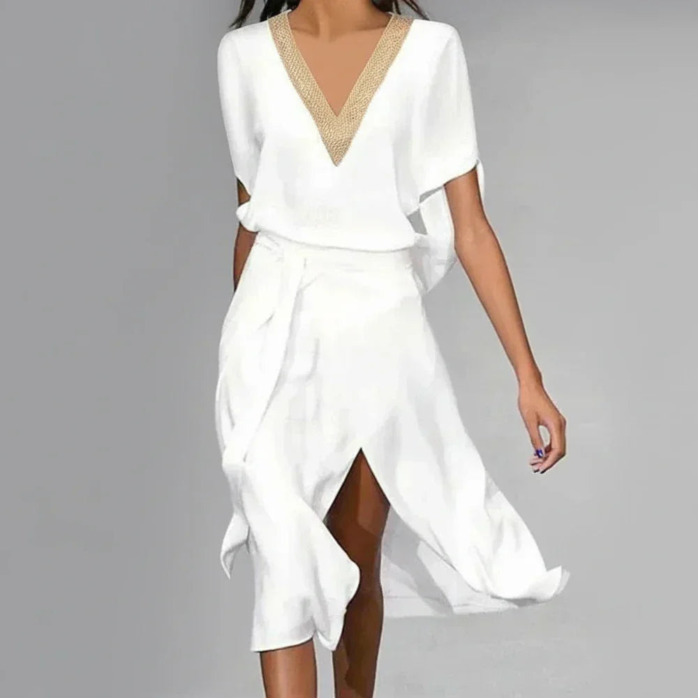 Aria | Women's Wrap Midi Dress Cream V Neck
