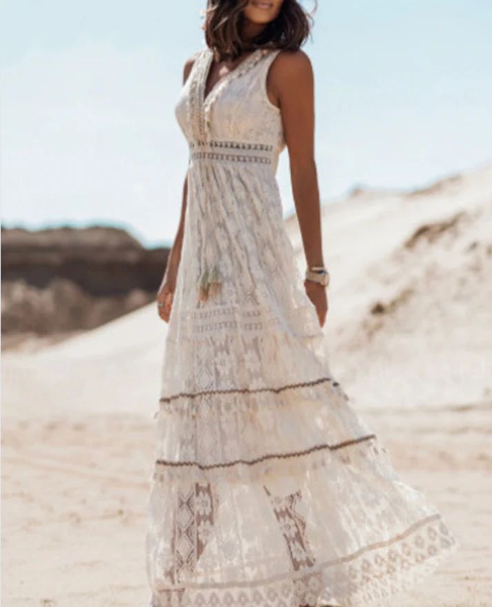 Nola | Women's Boho Crochet Lace Maxi Dress Cream V Neck