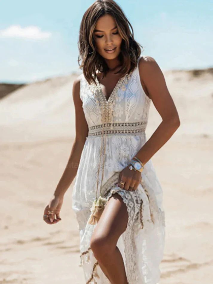 Nola | Women's Boho Crochet Lace Maxi Dress Cream V Neck
