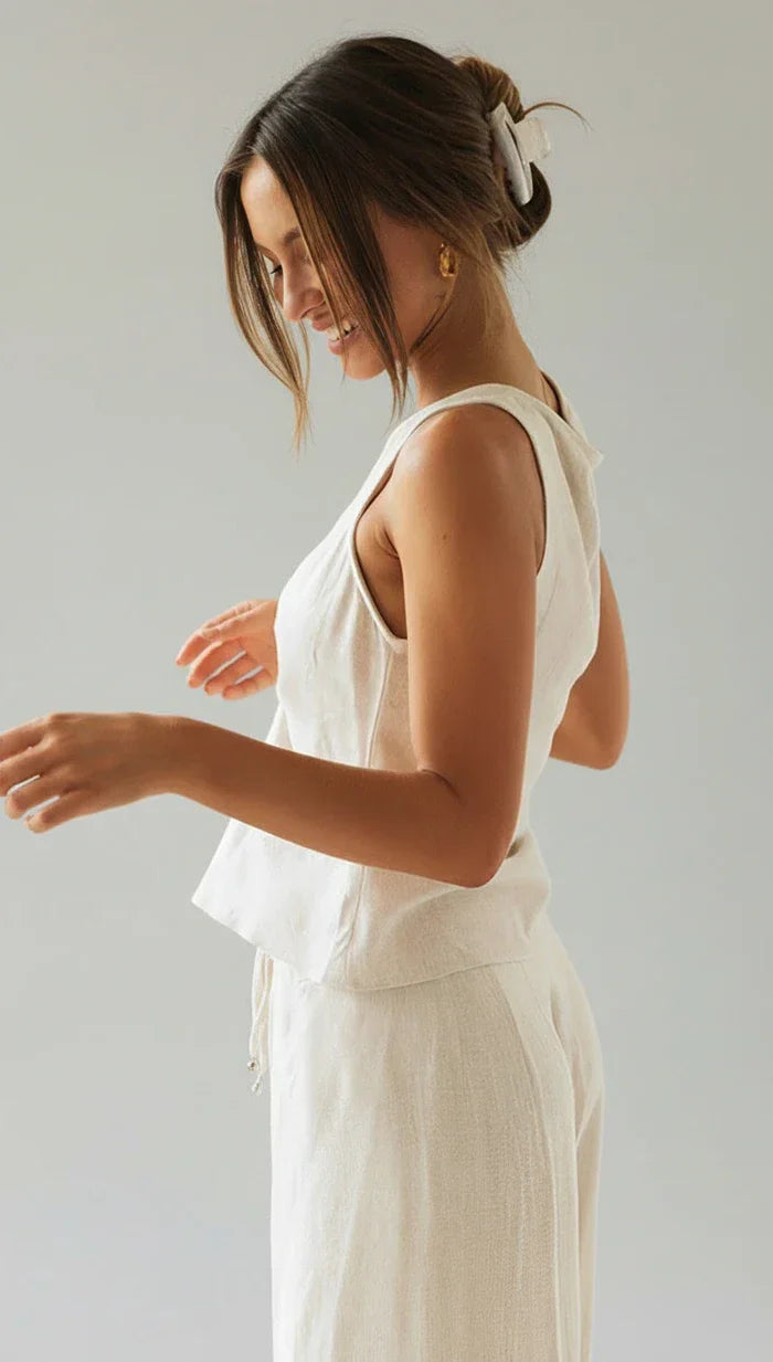 Maren | Women's Tie Front Crop Top Cream V Neck
