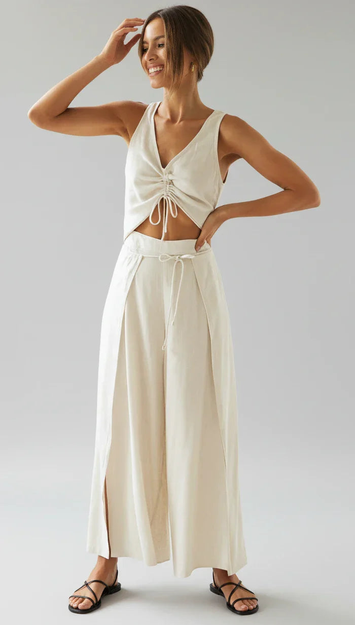 Maren | Women's Tie Front Crop Top Cream V Neck