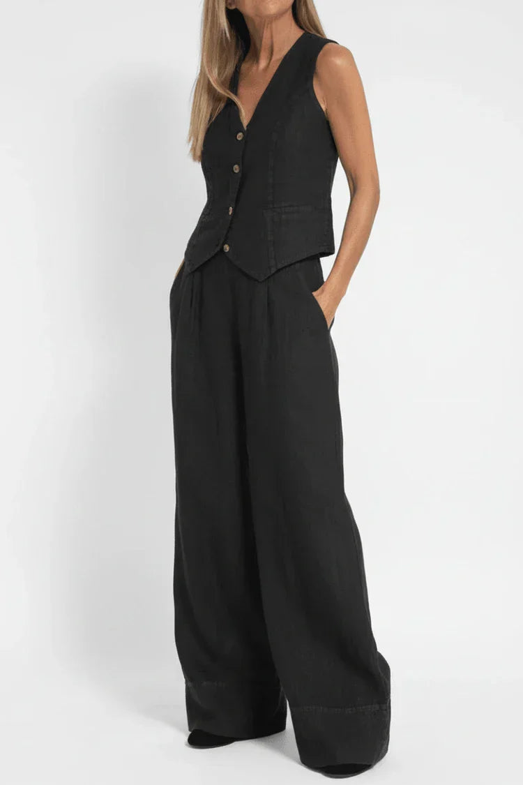 Margot | Women's Wide Leg Linen Pants Cream Button Front Vest Set