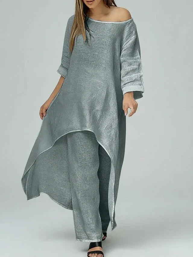 Vera | Women's Linen Maxi Dress Gray Off Shoulder