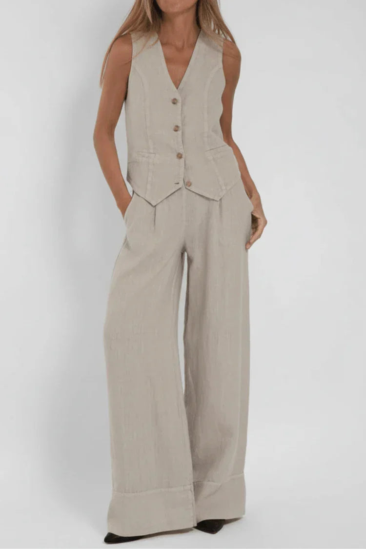 Margot | Women's Wide Leg Linen Pants Cream Button Front Vest Set