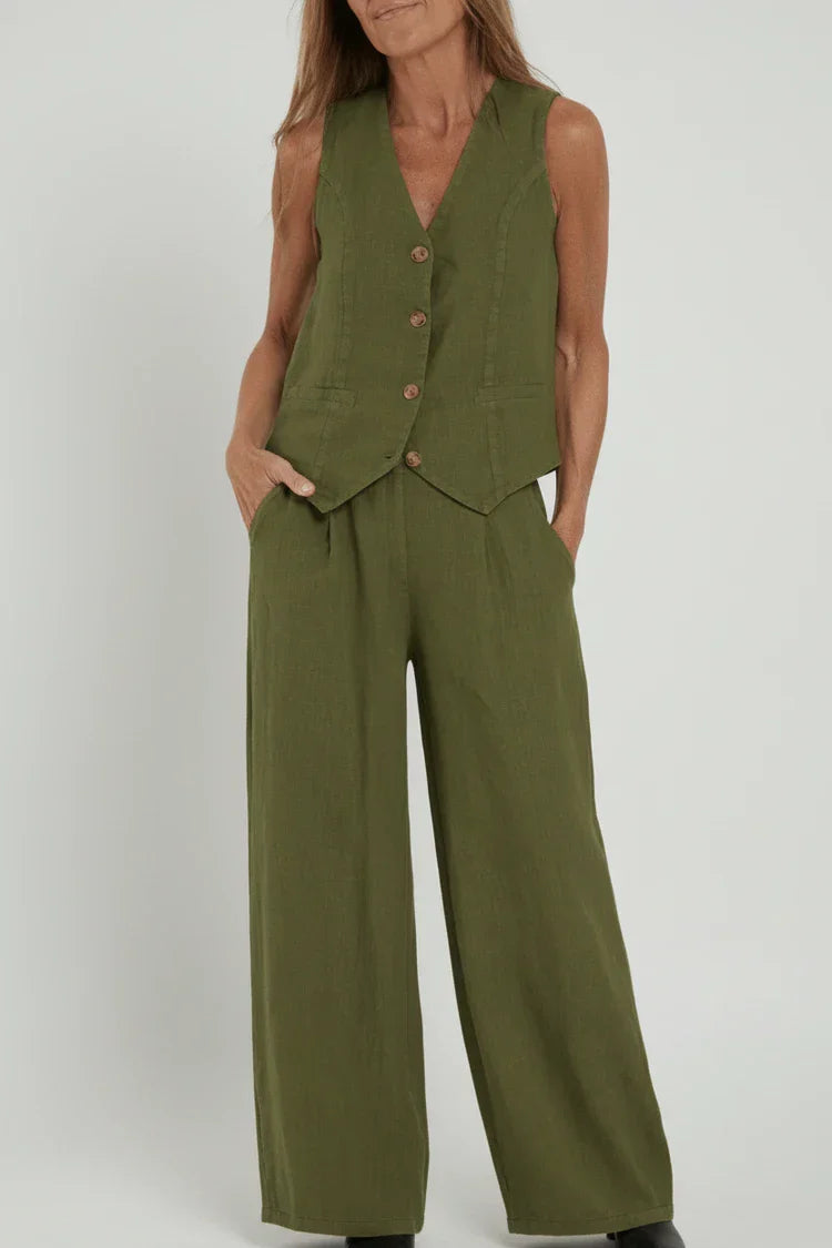 Isla | Women's Linen Wide Leg Pants Cream Vest Set