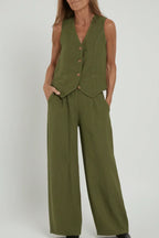 Dama Washington Margot women's wide leg linen pants cream button front vest set - view 2