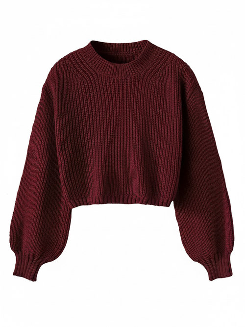 Dama Washington Aria women's cropped crew neck sweater burgundy ribbed - front view