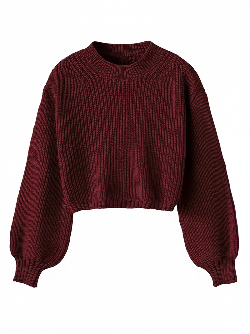Aria | Women's Cropped Crew Neck Sweater Burgundy Ribbed