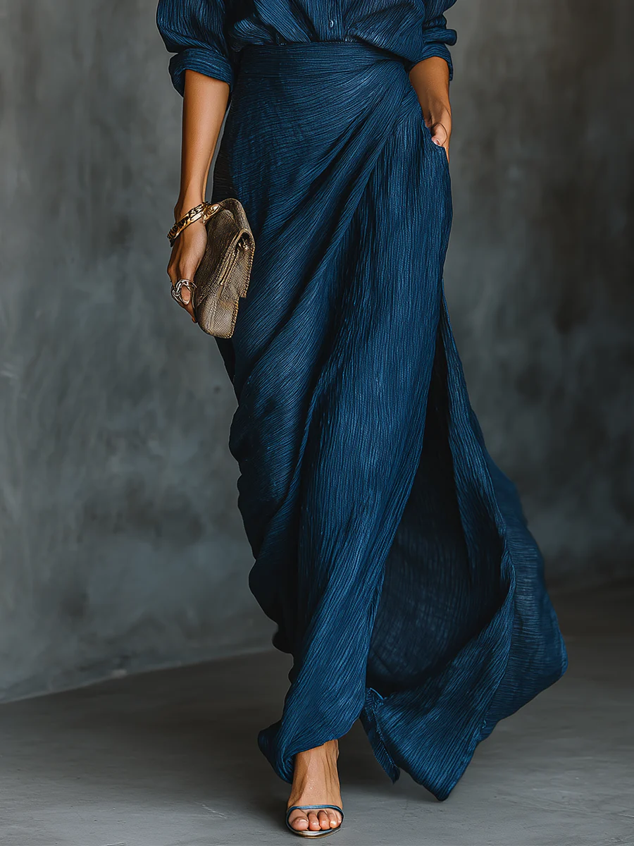 Lola | Women's Satin Maxi Skirt Set Navy Blue Long Sleeve