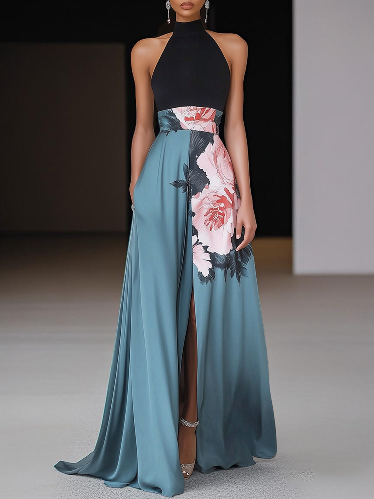 Ada | Women's Halter Maxi Dress Black Floral Light Blue
