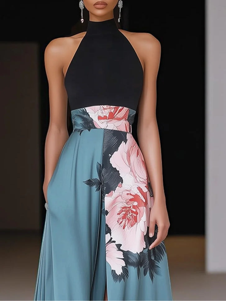 Ada | Women's Halter Maxi Dress Black Floral Light Blue