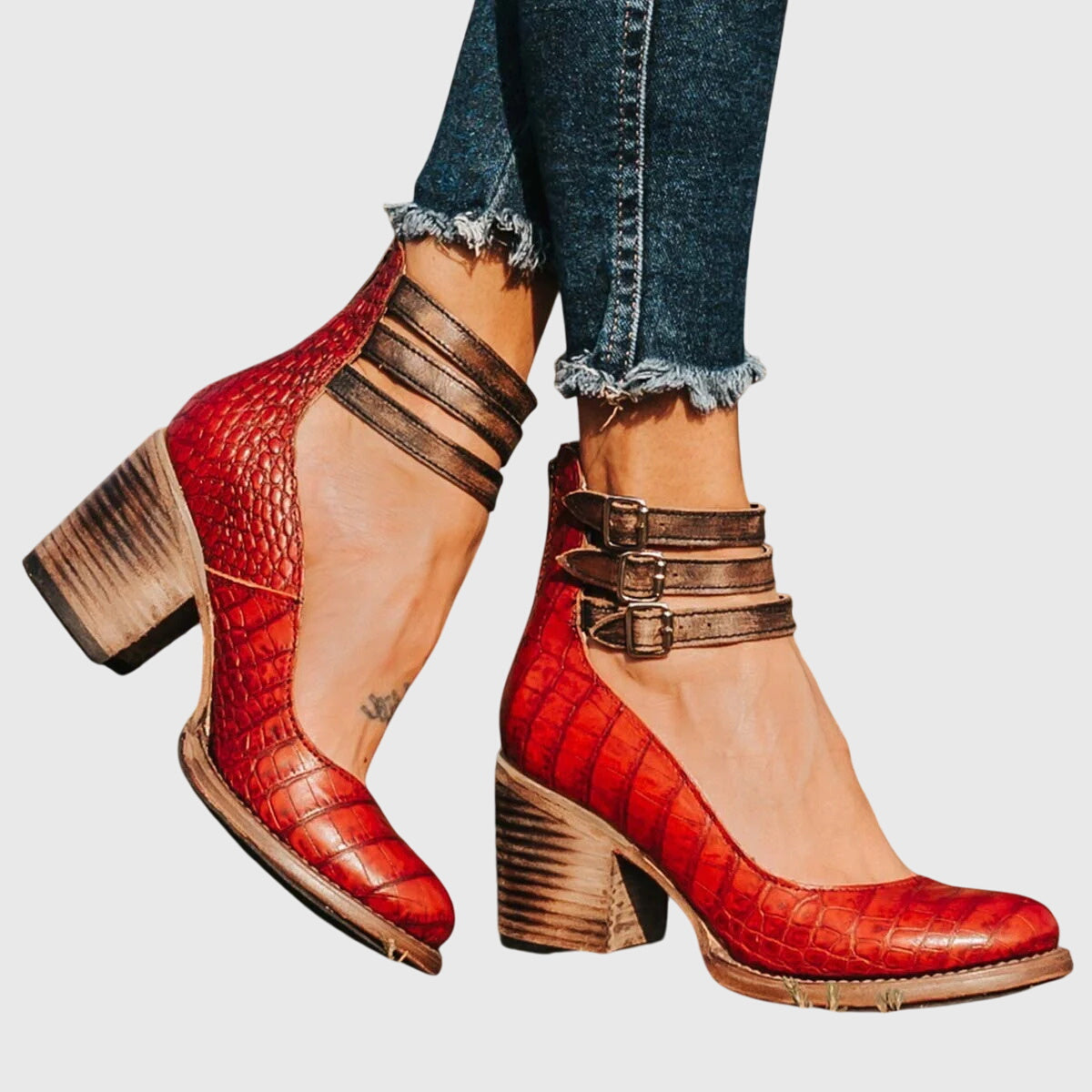 Rue | Women's Leather Block Heel Bootie Brown Buckle Strap