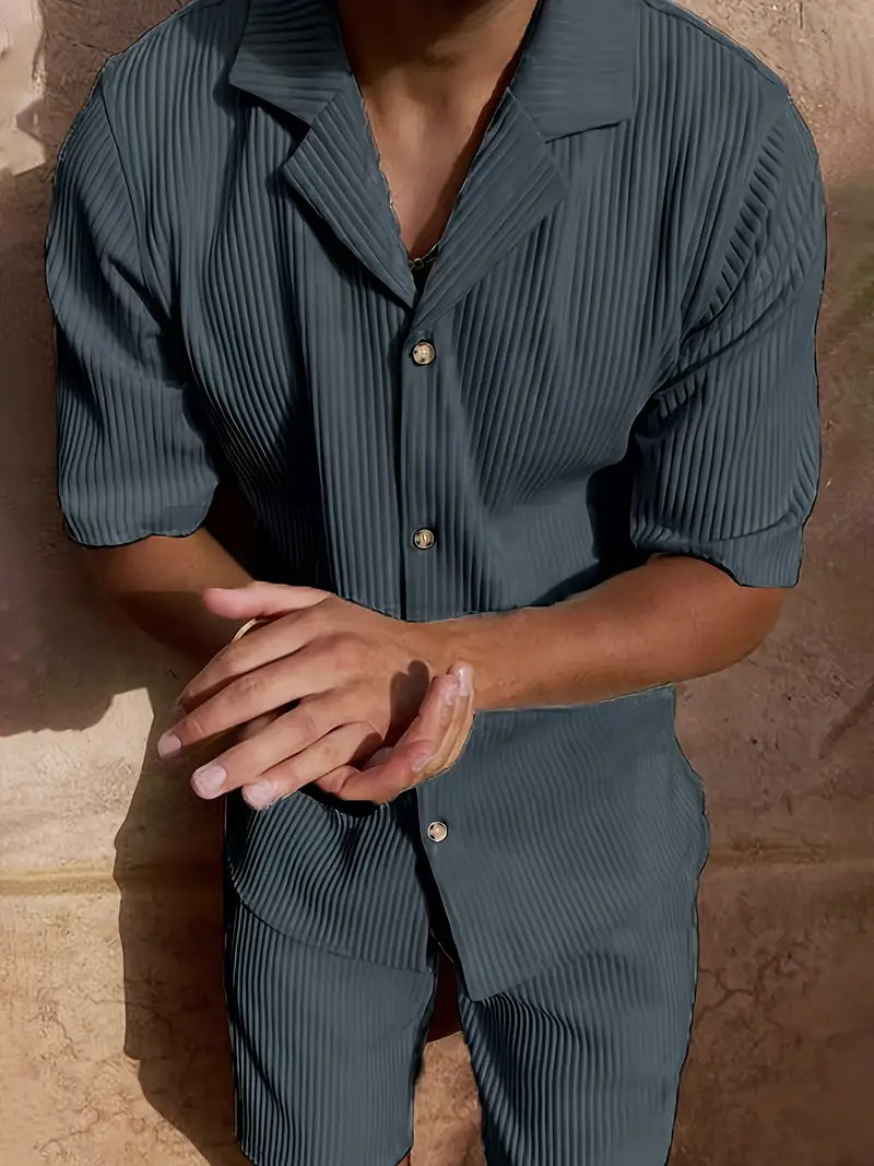 Vera | Men's Ribbed Shorts Set Cream Button Up