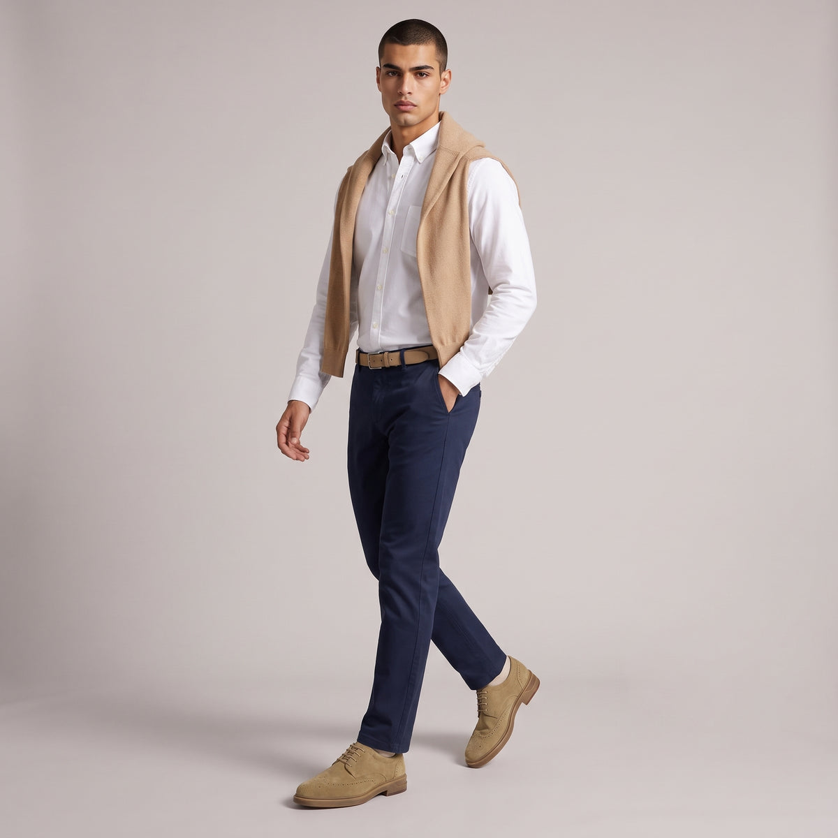 Dama Washington Ezra men's suede wingtip oxford beige dress shoe - full outfit model view