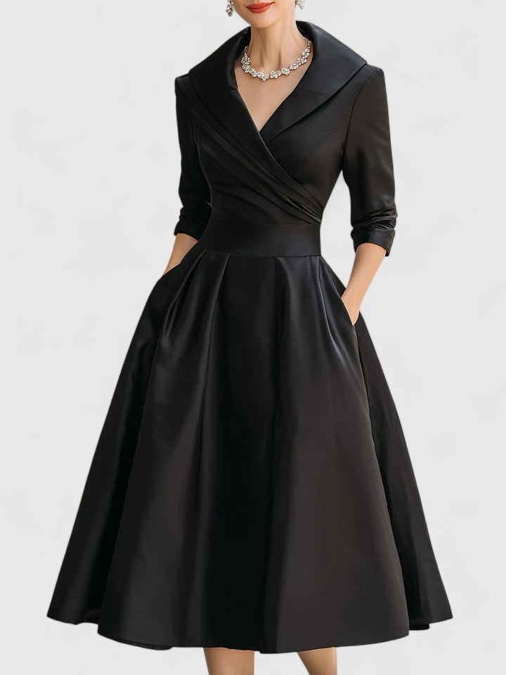 Vera | Women's Wrap Midi Dress Black Three Quarter Sleeve