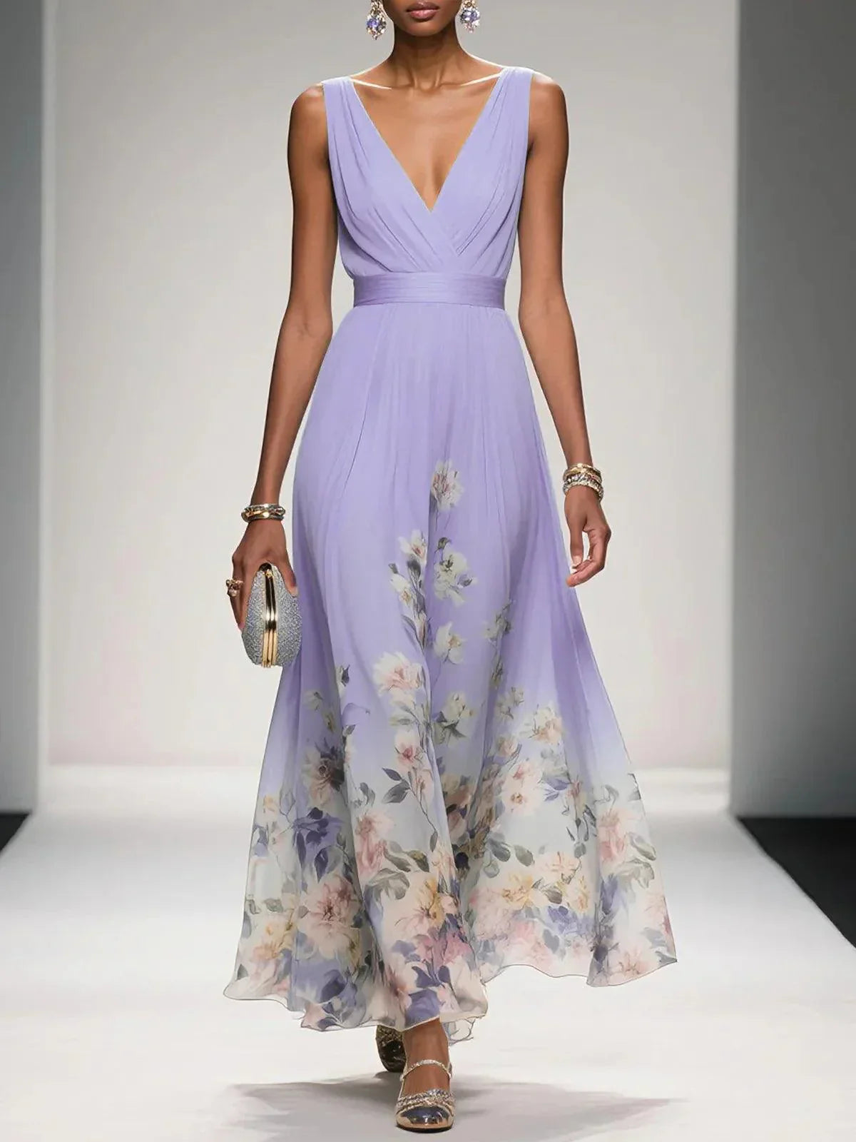 Thea | Women's Floral Chiffon Maxi Dress Light Blue V Neck