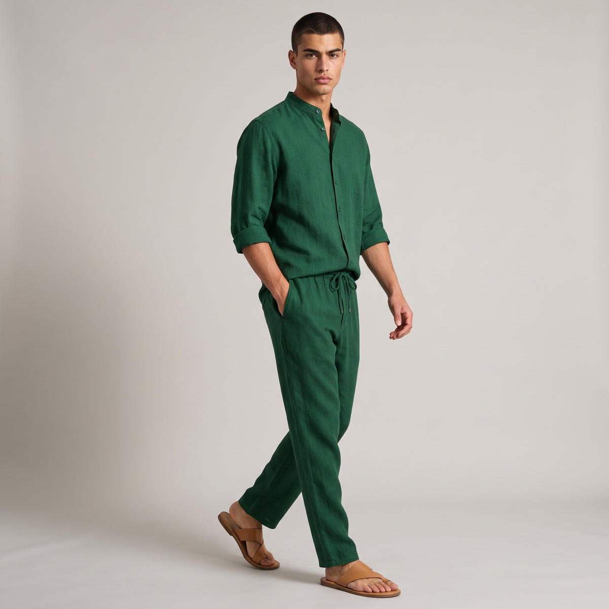 Dama Washington Rhys men's linen lounge set green drawstring pants shirt - full outfit model view