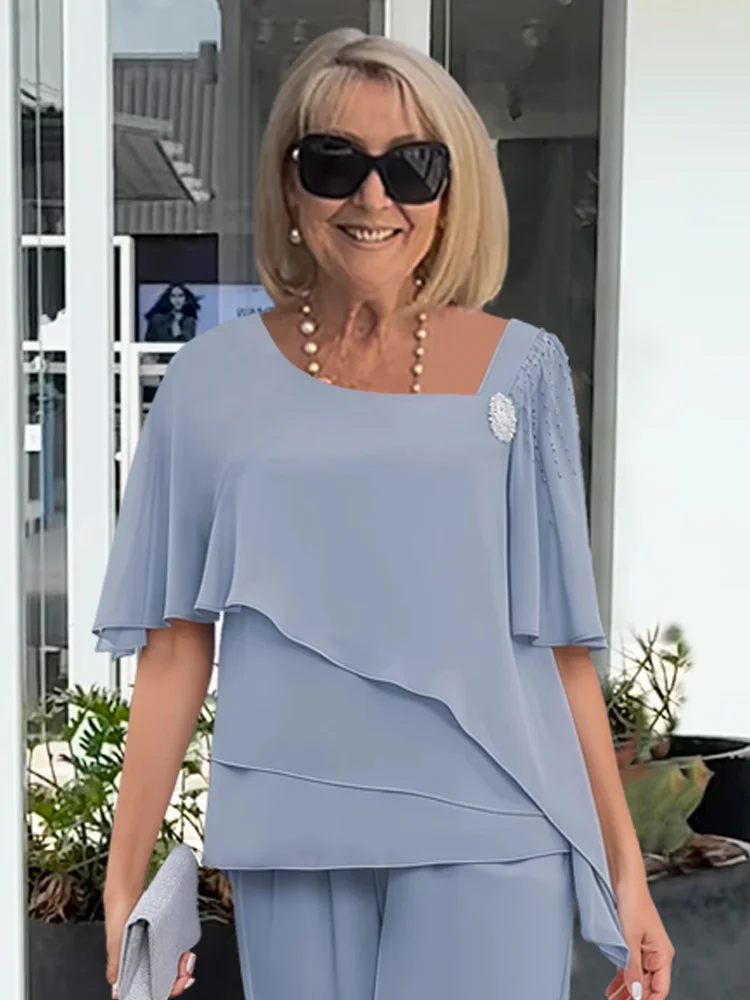 Ada | Women's Chiffon Layered Top Periwinkle Blue Short Sleeve
