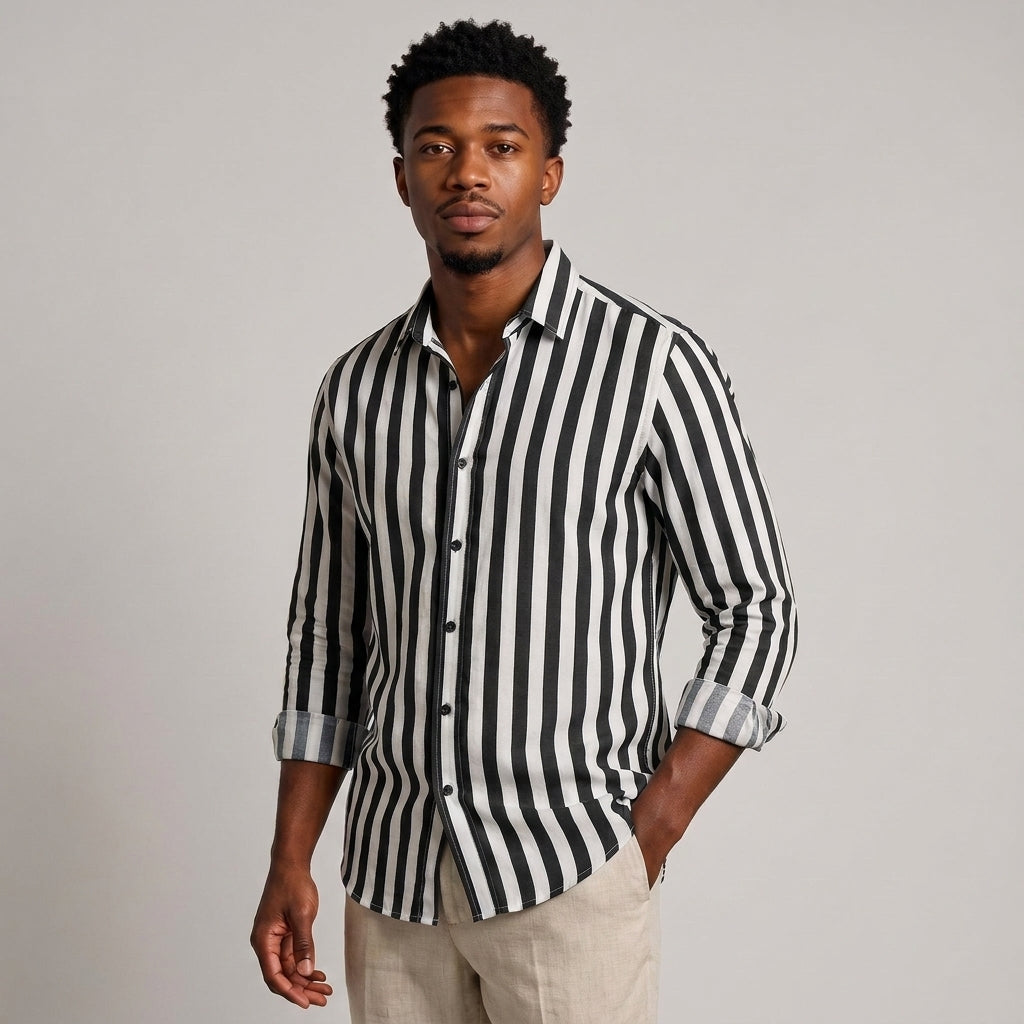 Dama Washington Camille striped linen shirt Black - model front view